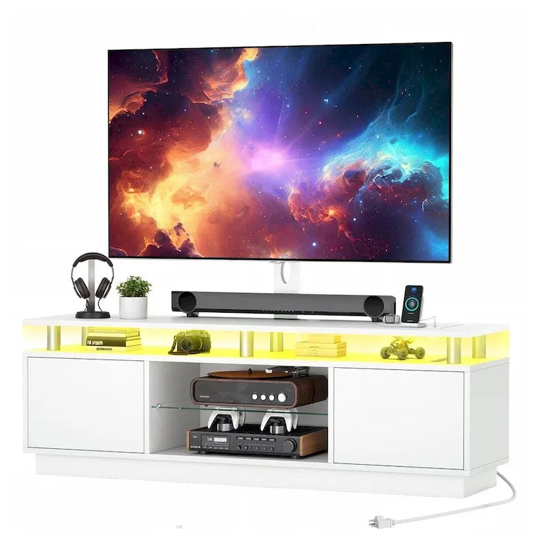 Stolik pod telewizor LED z regulowanym mocowaniem do telewizorów 75 cali, gniazdkami elektrycznymi – 73 cale