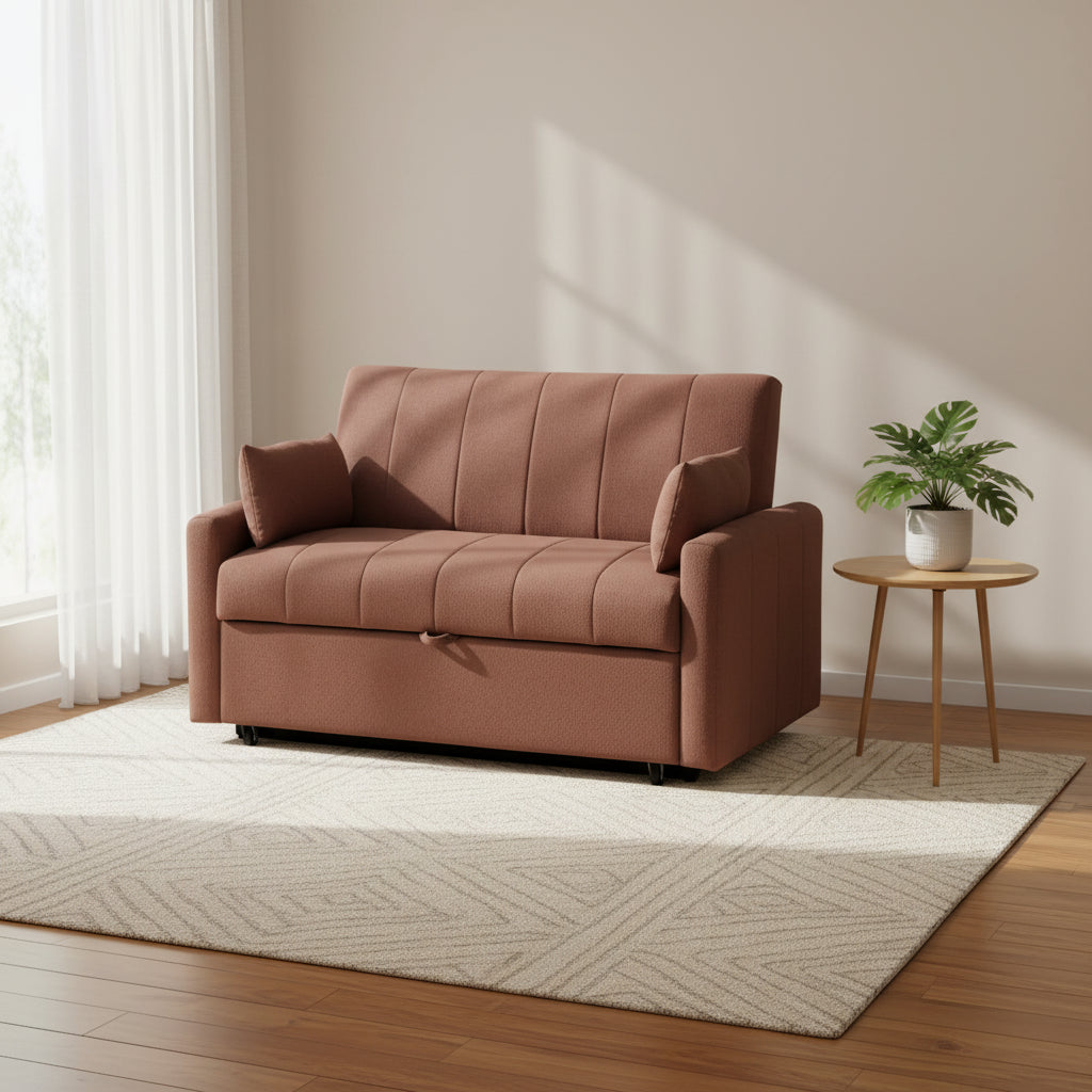 Porta Sleeper Sofa Full Bed, Copper Brown Boucle, Pillows, 60 Inch