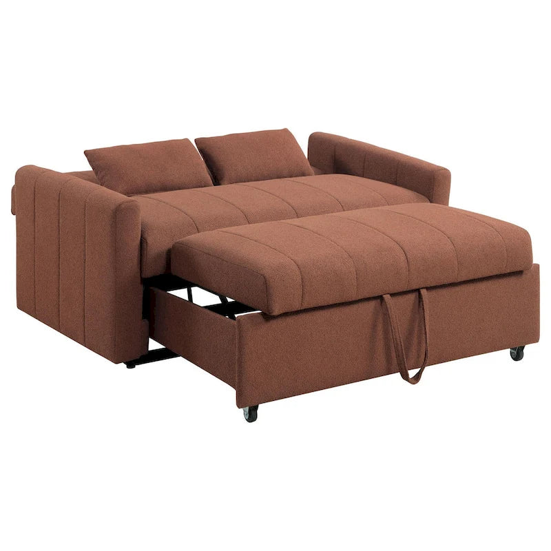 Sofa z funkcją spania z łóżkiem dwuosobowym z mechanizmem wysuwania, boucle w kolorze miedzianego brązu, 60 cali
