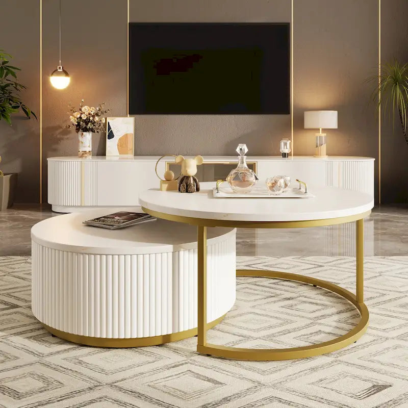 Modern Round Nesting Coffee Table with Drawer and Gold Base for Living Room