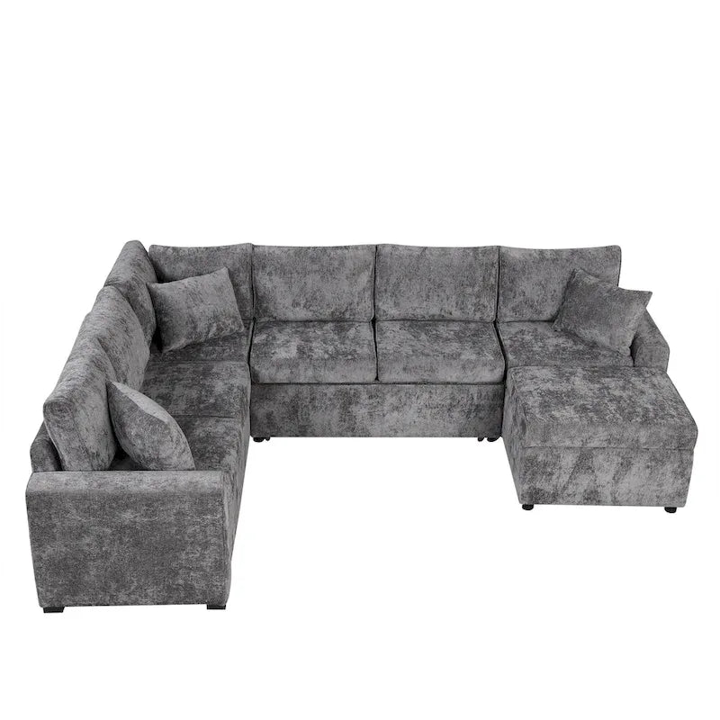 Ecksofa aus Chenille, ausziehbares Schlafsofa in L-Form mit Aufbewahrungshocker, 3 Kissen und Ladegeräten
