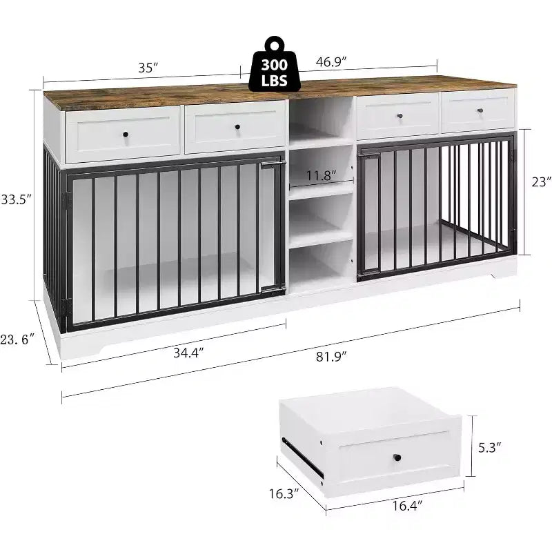 82-delige dubbele hondenbench, grote binnenkennel voor 2 honden, robuuste houten hondenbench en tv-meubel met 4 laden en planken