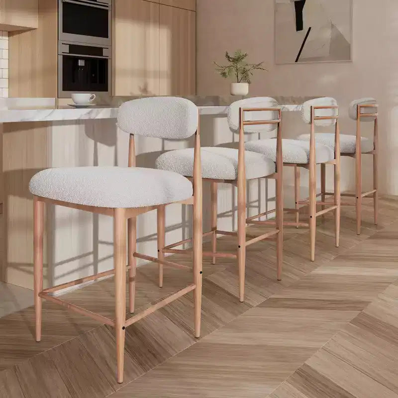 Bouclé-Barhocker ohne Armlehnen, 4er-Set, mit Metallbeinen in Holzoptik für Küche, Wohnzimmer, Restaurant oder Café – Morden Fort