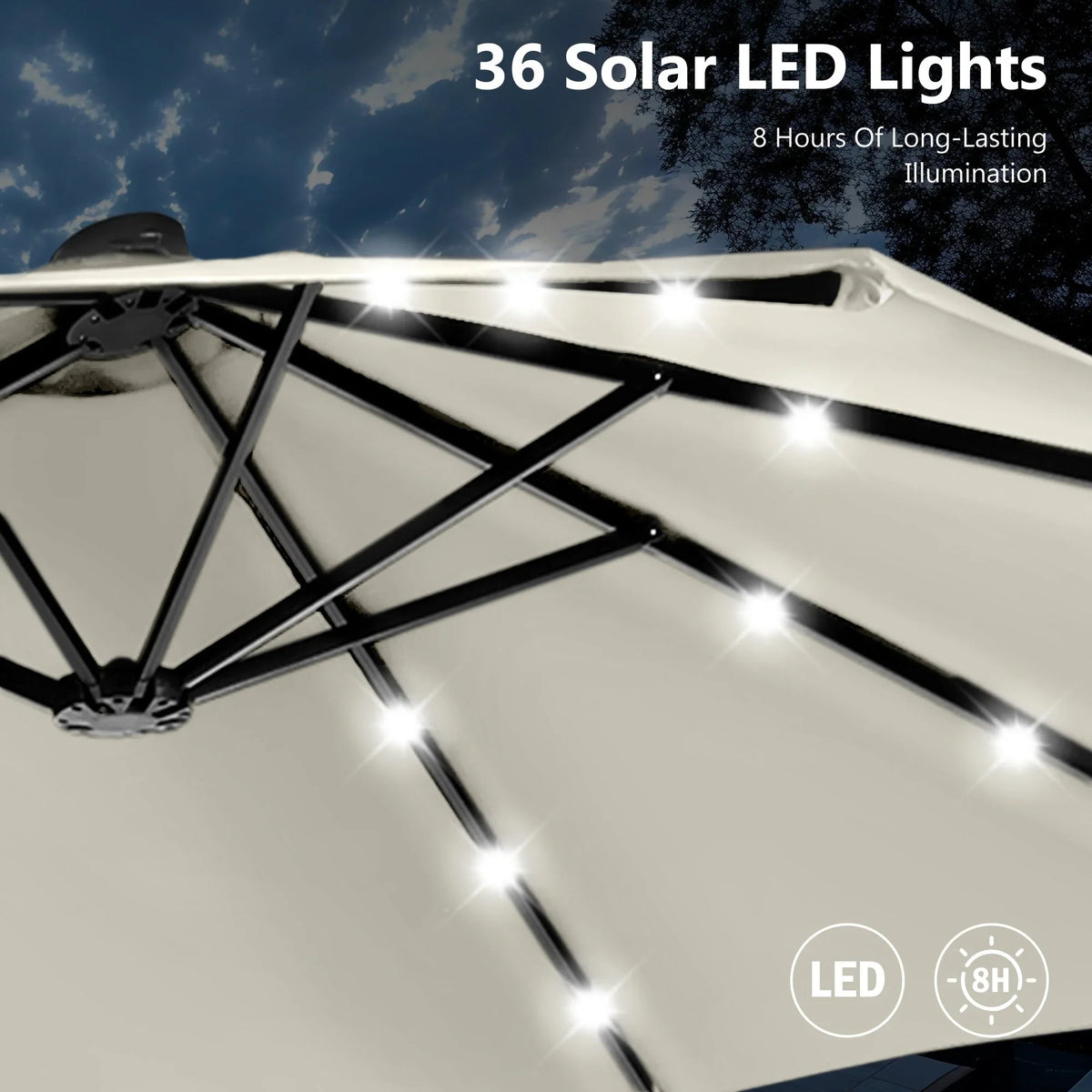 MAISON ARTS 15-Fuß-rechteckiger Outdoor-Marktschirm mit Kurbel, doppelseitiger Bespannung und solarbetriebenen LED-Leuchten, inklusive Standfuß