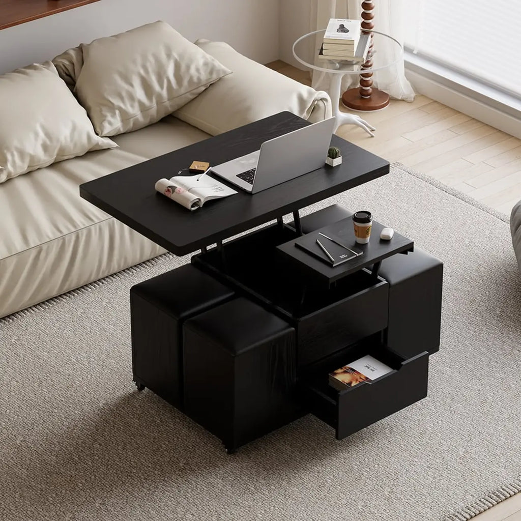 Table basse pliable à plateau relevable avec 4 tabourets et espace de rangement