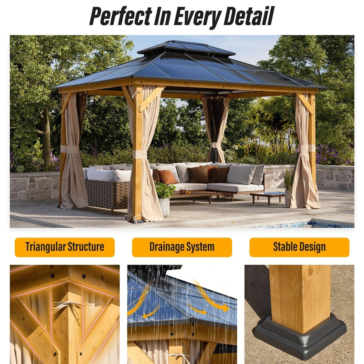 EROMMY prieel met hard dak, pergola voor buiten met dubbel dak, netten en gordijnen, robuuste overkapping voor terras, achtertuin en zwembadfeestjes
