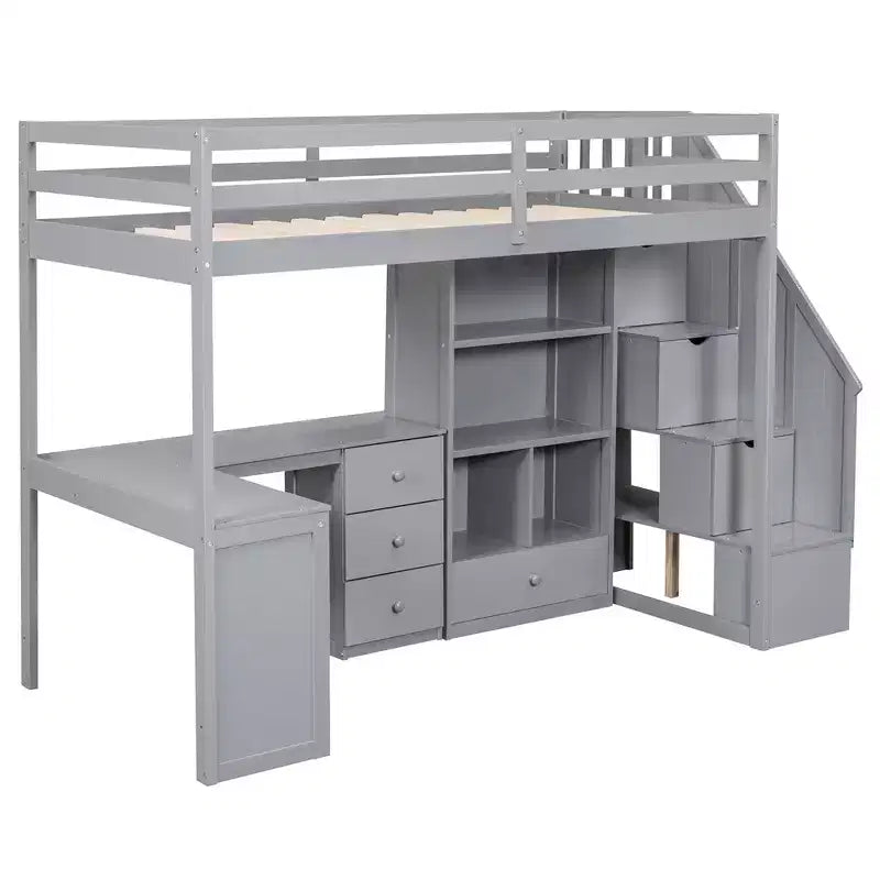 Cama alta de tamanho Twin com secretária em L, 3 gavetas, armário, arrumação nas escadas e estrutura em pinho maciço/MDF