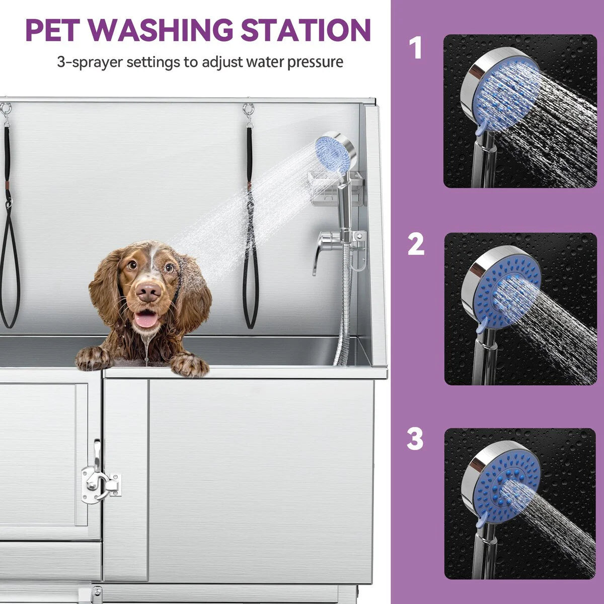 Vasca regolabile in acciaio inox da 50" W per toelettatura degli animali domestici con rampa a gradini