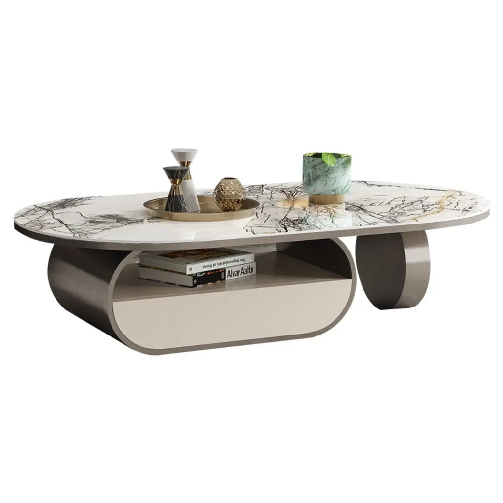 Tavolino da caffè ovale contemporaneo dal design unico con piano in marmo e cassetto