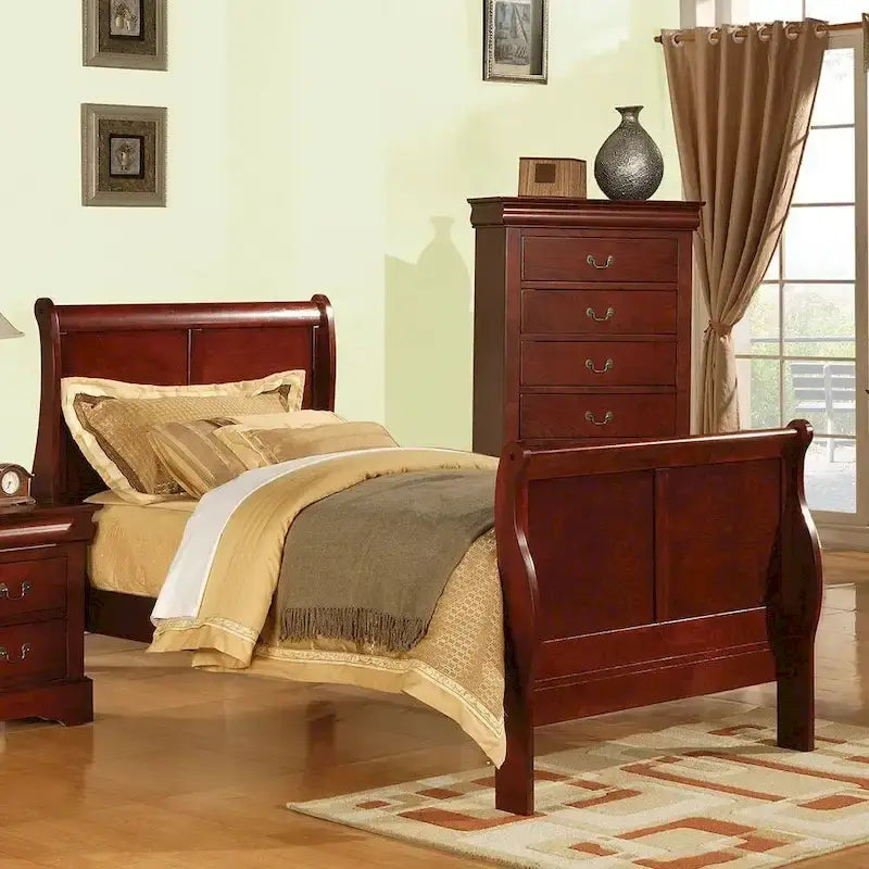 Cama de trenó individual de estilo de transição - Coleção Louis Philippe III, requer estrado, cerejeira