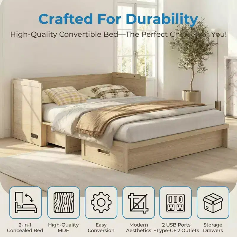 Mjkone umwandelbares Murphy-Schrankbett in Queen-Size mit Matratze, USB-Ladefunktion und Aufbewahrungsschubladen