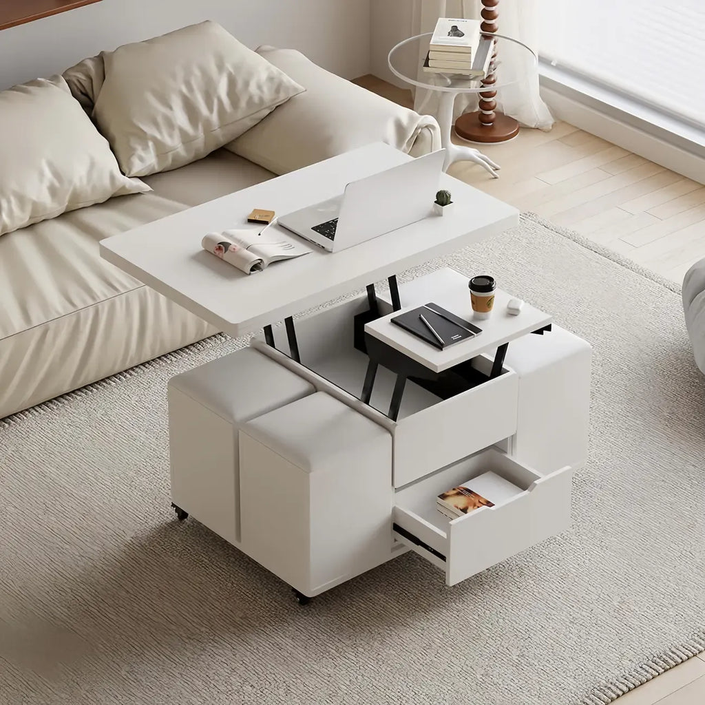 Table basse pliable à plateau relevable avec 4 tabourets et espace de rangement