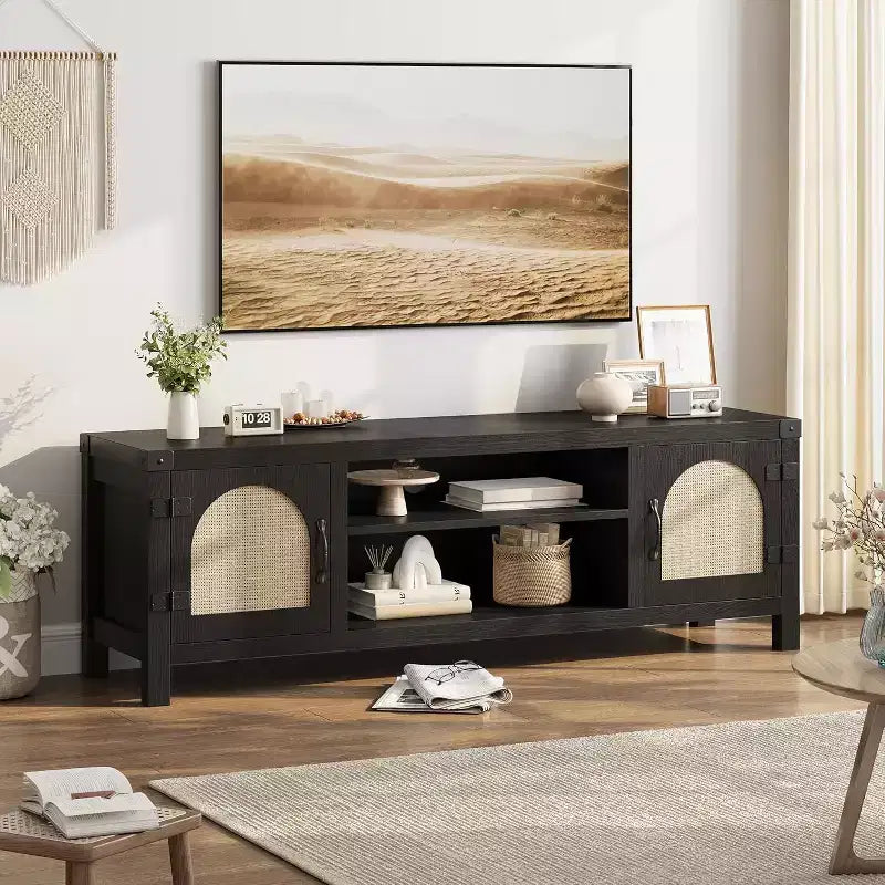 165 cm brede tv-meubel in bohemienstijl met rieten deur - houten entertainmentcentrum met twee kasten en verstelbare planken, geschikt voor woonkamers