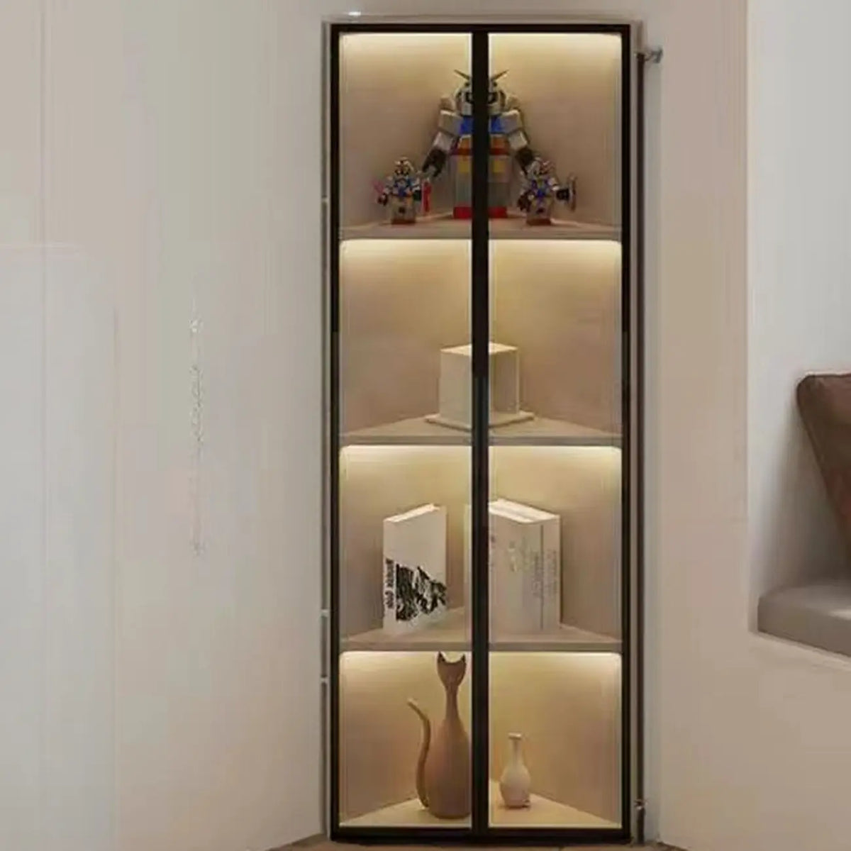 Vitrine de canto moderna em metal e madeira cinzenta com porta de vidro