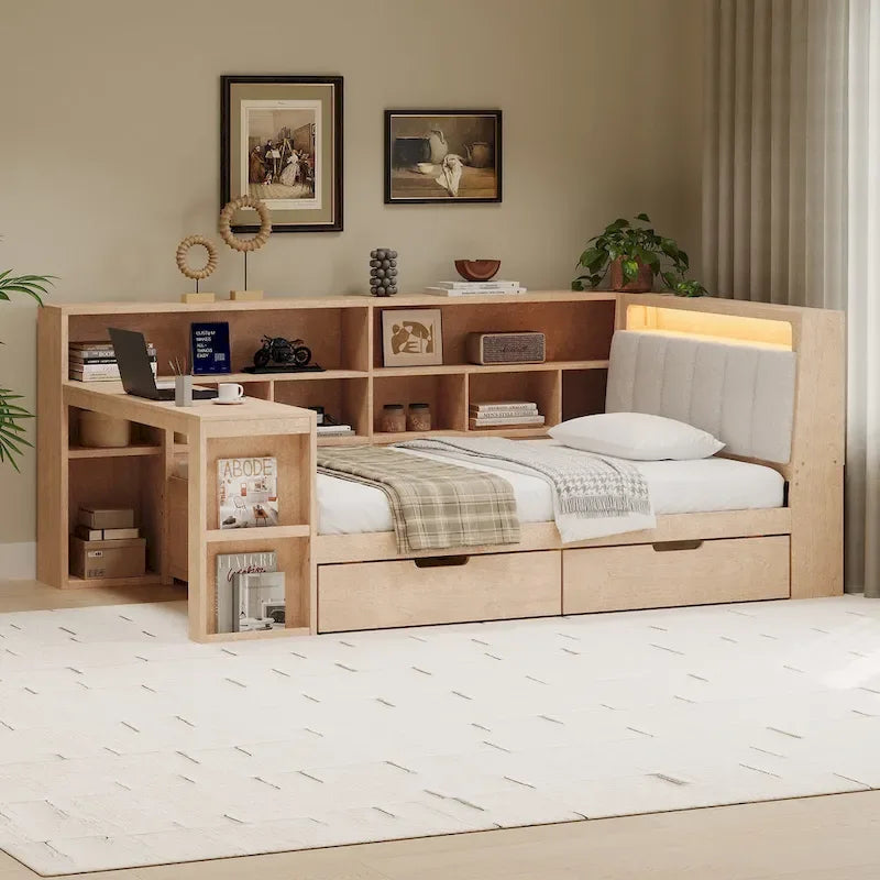 Sofa narożna z drewna w kształcie litery L z biurkiem, regałem, łóżkiem narożnym z szufladami pod łóżkiem, tapicerowanym zagłówkiem i wbudowanym oświetleniem