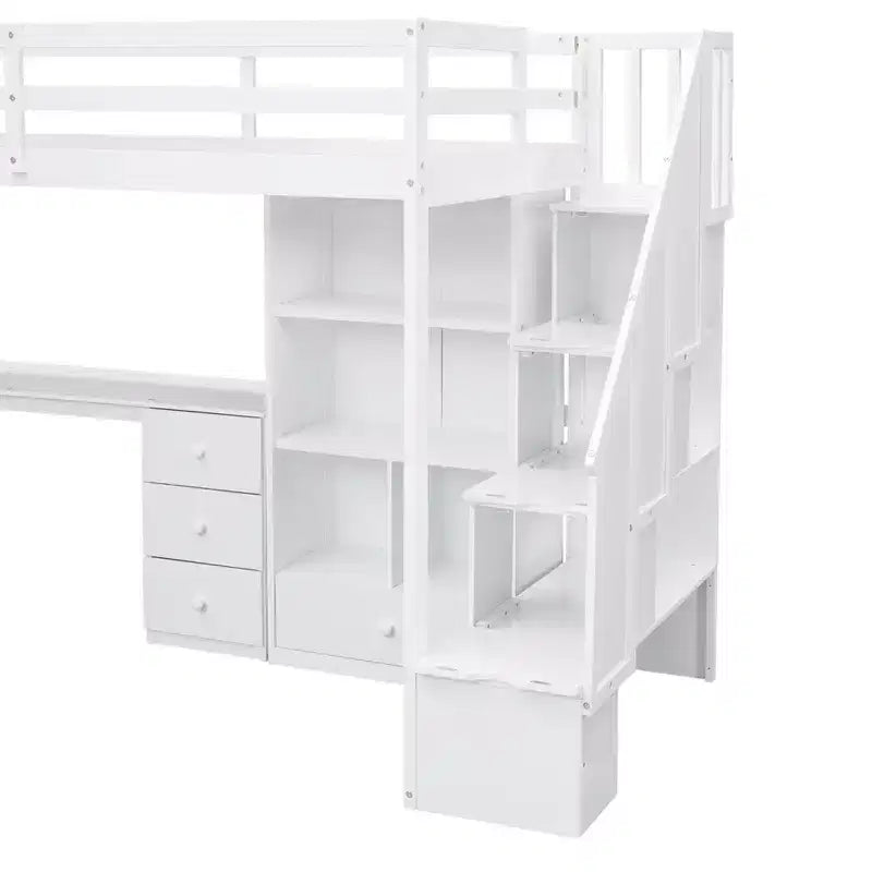 Cama alta de tamanho Twin com secretária em L, 3 gavetas, armário, arrumação nas escadas e estrutura em pinho maciço/MDF