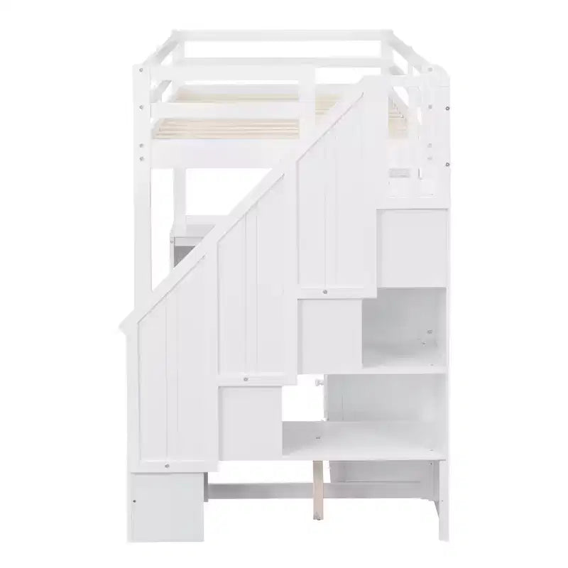 Cama alta de tamanho Twin com secretária em L, 3 gavetas, armário, arrumação nas escadas e estrutura em pinho maciço/MDF