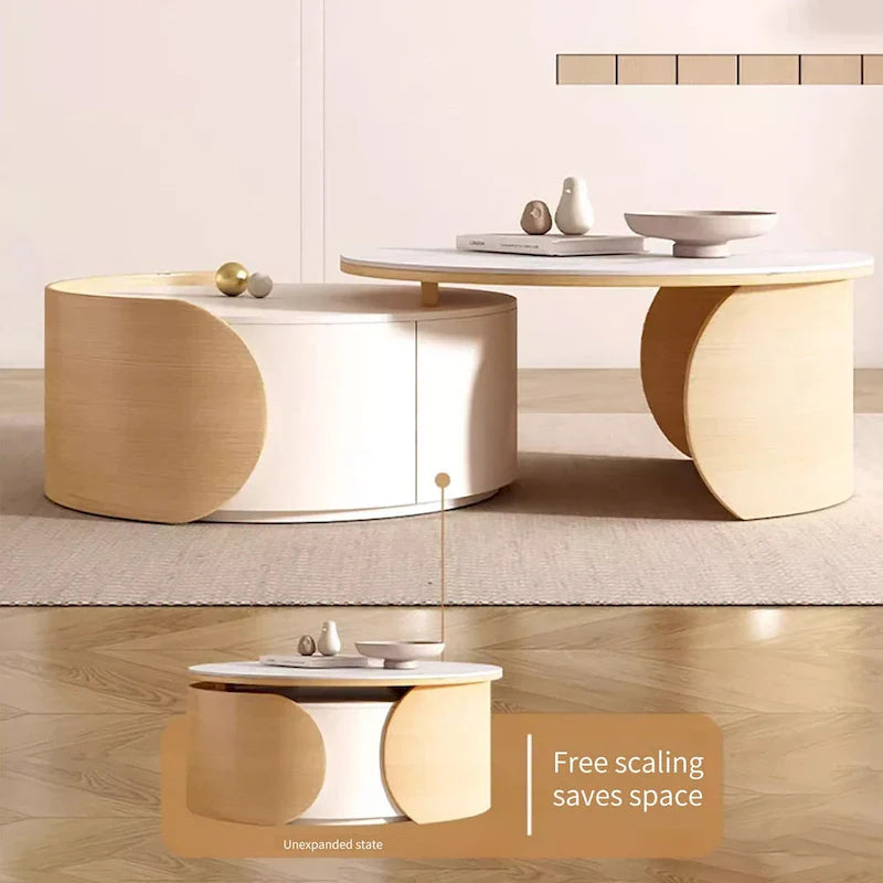 Table basse ronde moderne, plateau en pierre, bois naturel – 50 x 31,5