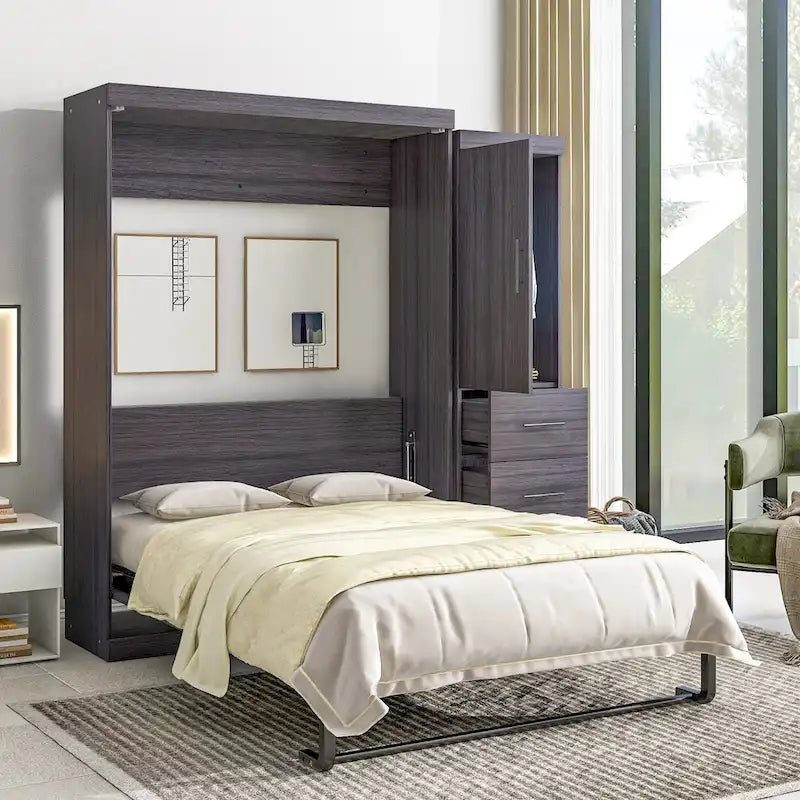 Lit escamotable pliable gris avec armoire et 3 tiroirs, deux places/une place, pour 1 personne