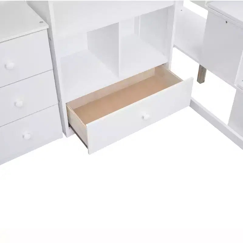 Cama alta de tamanho Twin com secretária em L, 3 gavetas, armário, arrumação nas escadas e estrutura em pinho maciço/MDF