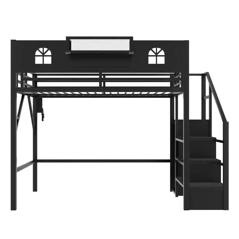 Łóżko na antresoli ModernLuxe Full/Queen ze schodami i wbudowaną szafą, metalowa rama łóżka z oświetleniem LED, stacją ładowania USB i półkami do przechowywania