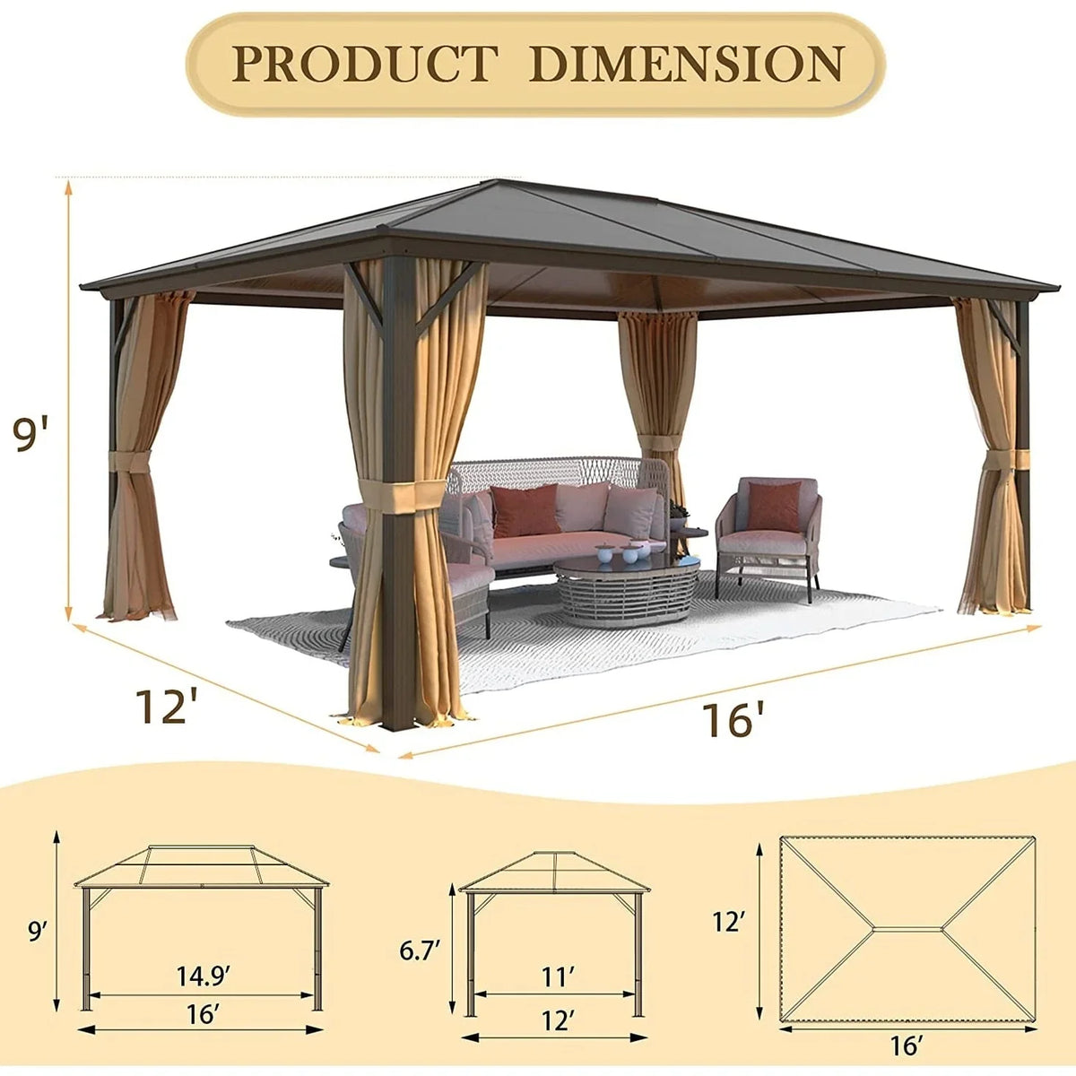 EROMMY prieel met hard dak, pergola voor buiten met dubbel dak, netten en gordijnen, robuuste overkapping voor terras, achtertuin en zwembadfeestjes