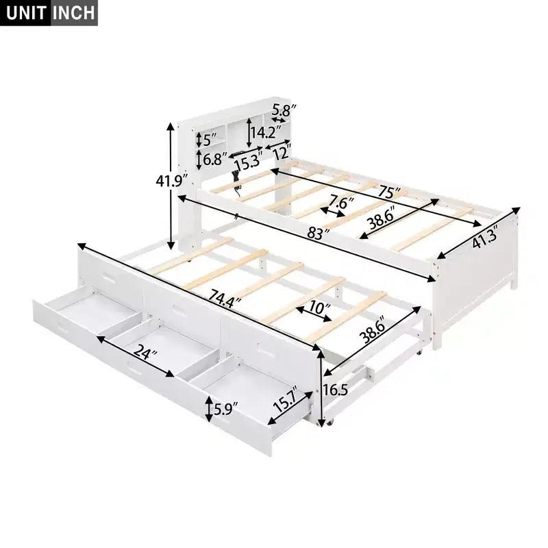 Podestbett mit Ausziehbett und Schubladen, Stauraum-Podestbett mit USB-Anschluss, Holz-Podestbett mit Bücherregal