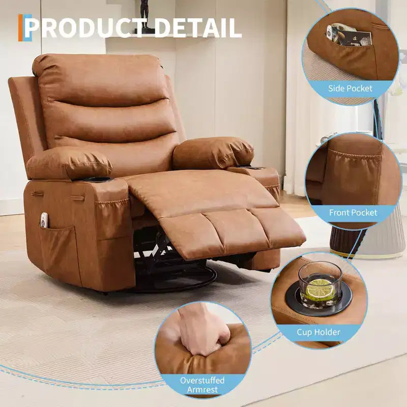 Fauteuil inclinable à bascule pivotant à 360° grand format avec massage et chauffage – fauteuil lounge ergonomique avec porte-gobelets et poches latérales pour le salon ou la chambre d’enfant
