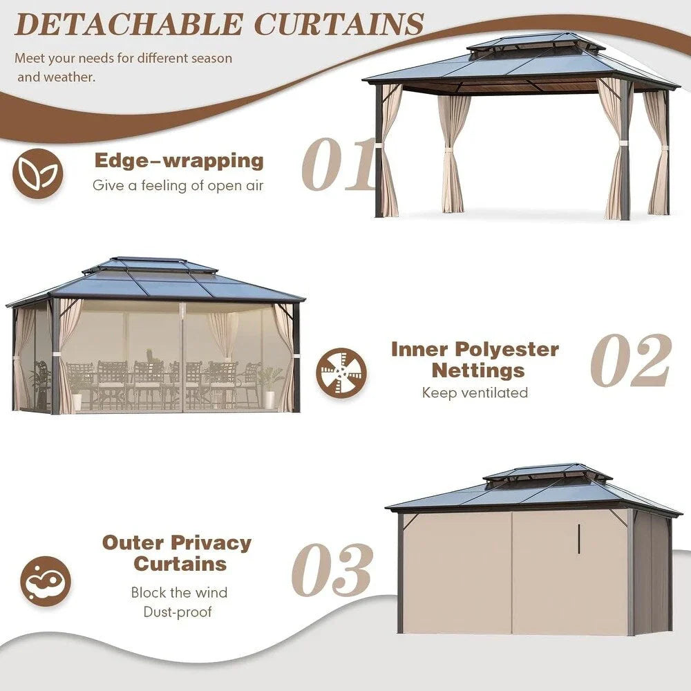 EROMMY prieel met hard dak, pergola voor buiten met dubbel dak, netten en gordijnen, robuuste overkapping voor terras, achtertuin en zwembadfeestjes