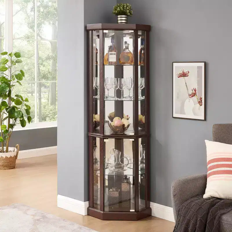 Vitrine d'angle avec portes et étagères en verre, meuble d'exposition d'angle pour le salon