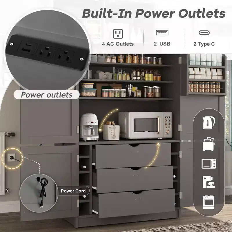 Armoire garde-manger haute pour cuisine avec prises électriques, grand placard autoportant avec support pour micro-ondes, tiroirs, étagères, porte-bouteilles et étagères intégrées à la porte