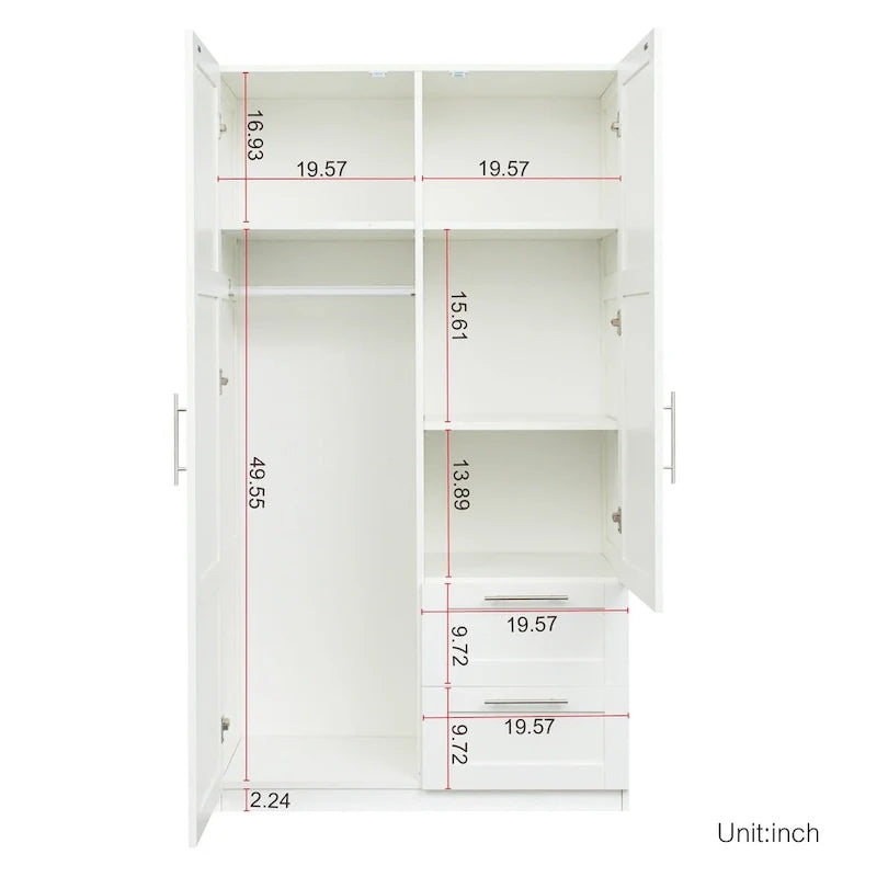 Witte houten kledingkast met deuren, laden en hangroede