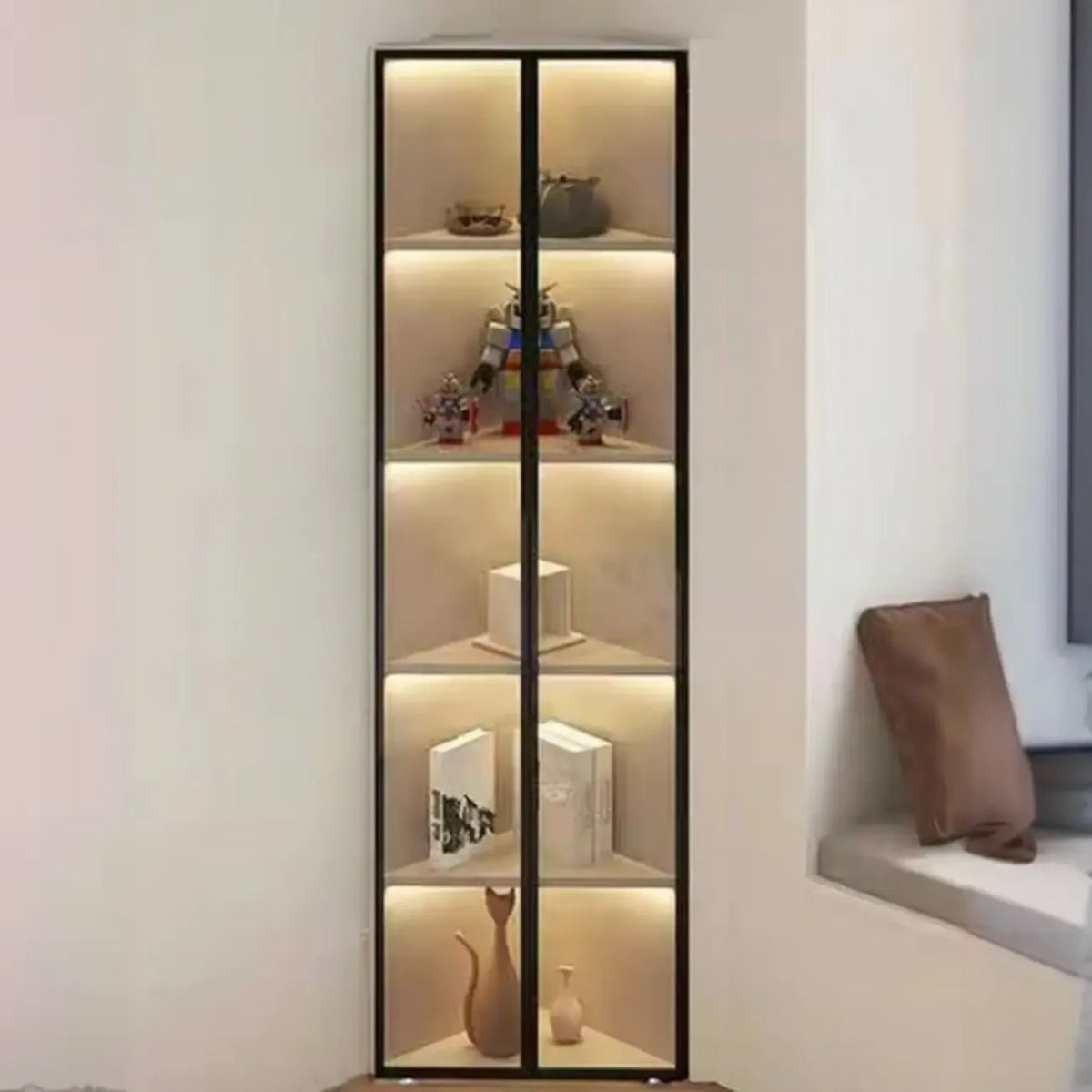 Vitrine de canto moderna em metal e madeira cinzenta com porta de vidro