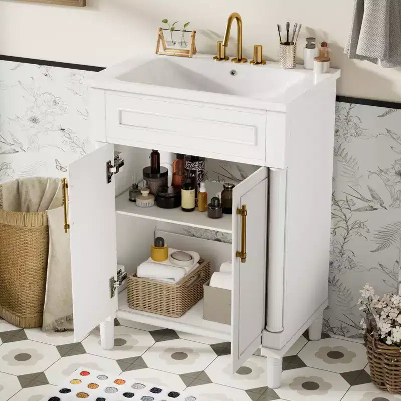 Badkamermeubel van 24 inch met keramische wastafel, Shaker-kast, 2 softclose-deuren en massief houten frame voor een kleine badkamer of toiletruimte