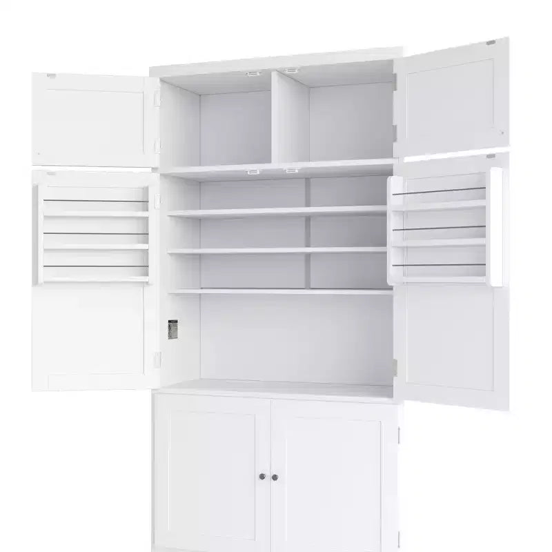Armoire garde-manger haute pour cuisine avec prises électriques, grand placard autoportant avec support pour micro-ondes, tiroirs, étagères, porte-bouteilles et étagères intégrées à la porte