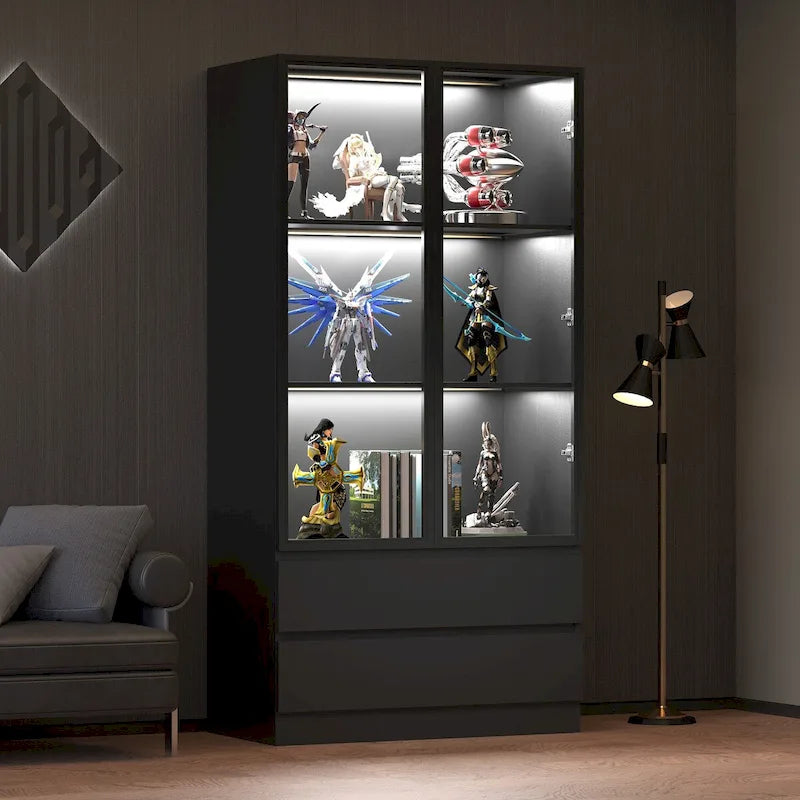 Vitrine de arrumação, vitrine com portas de vidro temperado, expositor com prateleiras de arrumação de 4 níveis