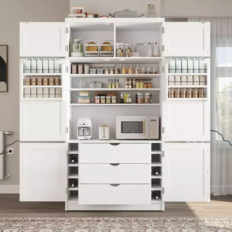 Armoire garde-manger haute pour cuisine avec prises électriques, grand placard autoportant avec support pour micro-ondes, tiroirs, étagères, porte-bouteilles et étagères intégrées à la porte