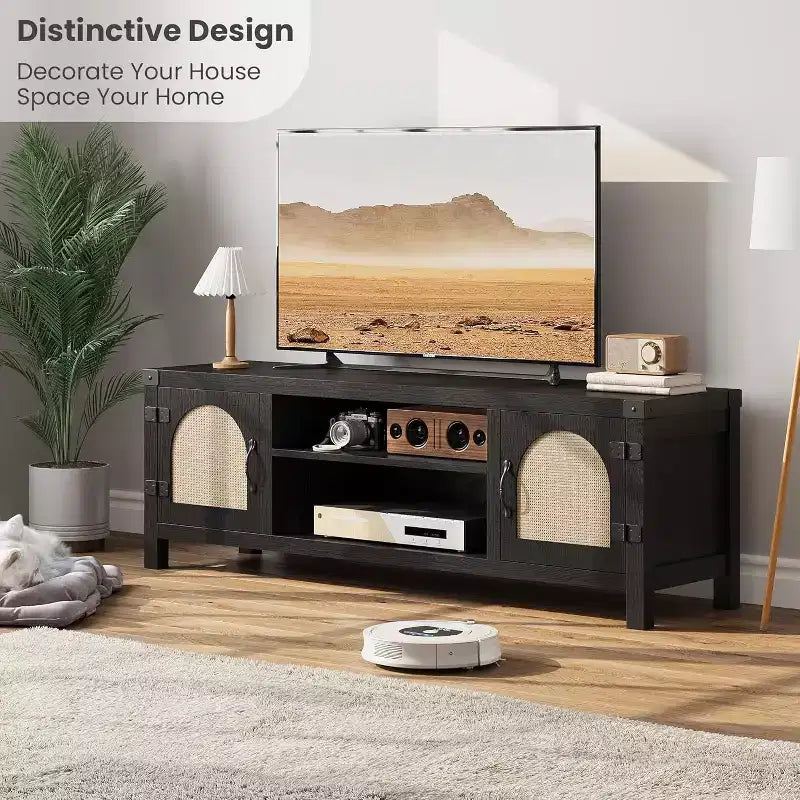 165 cm brede tv-meubel in bohemienstijl met rieten deur - houten entertainmentcentrum met twee kasten en verstelbare planken, geschikt voor woonkamers