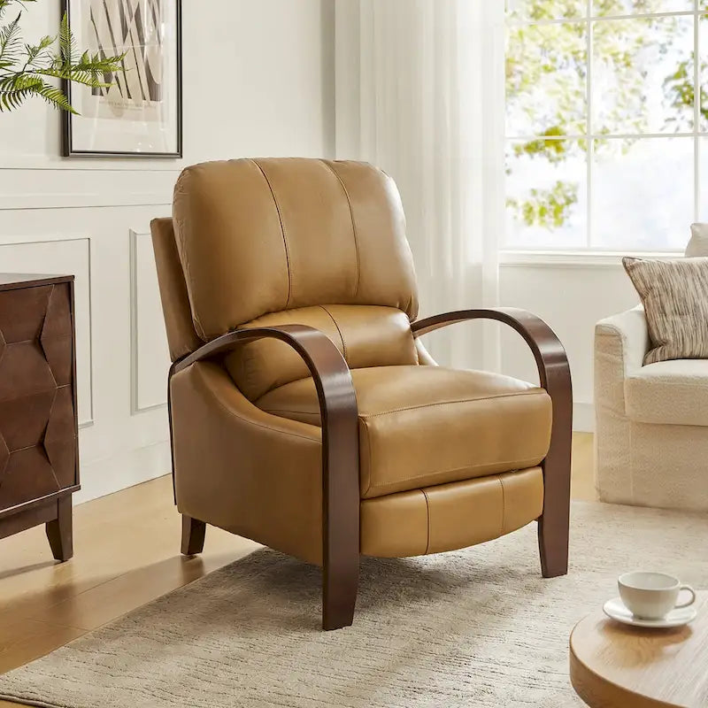 Alex mid-century moderne handmatige relaxfauteuil van echt sigarenkleurig leer met gebogen houten armleuningen