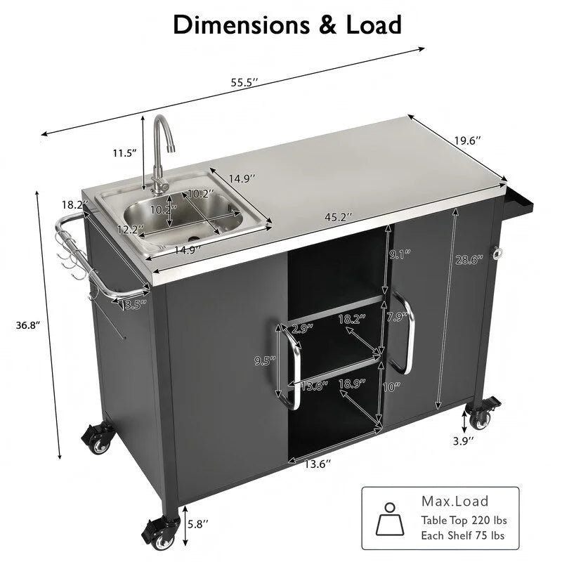 Isola da cucina da esterno con lavello, carrello bar da esterno con stazione lavello e 4 ruote bloccabili