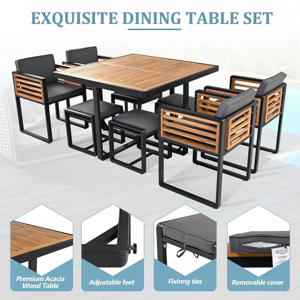 18-Pieces Acacia Wood Patio Dining Set, 8 Cushioned Chairs & 8 Ottomans & 2 Square Table