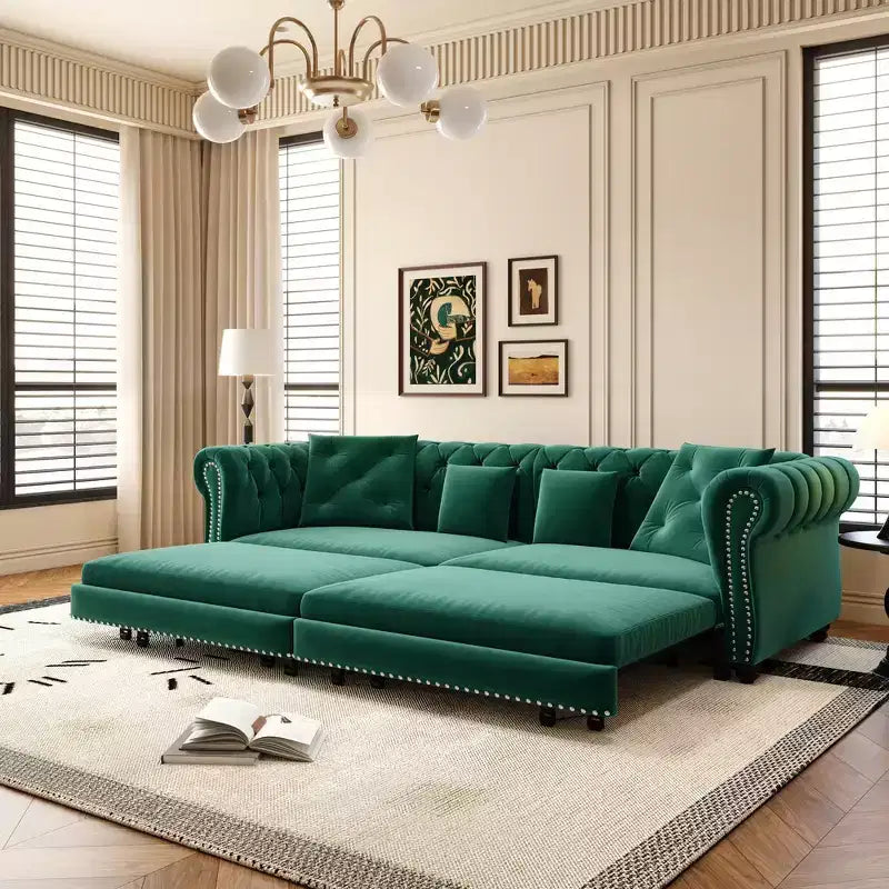 Rozkładana sofa 3 w 1 Whisen Velvet typu king-size z ruchomym podnóżkiem i pikowanym wzorem