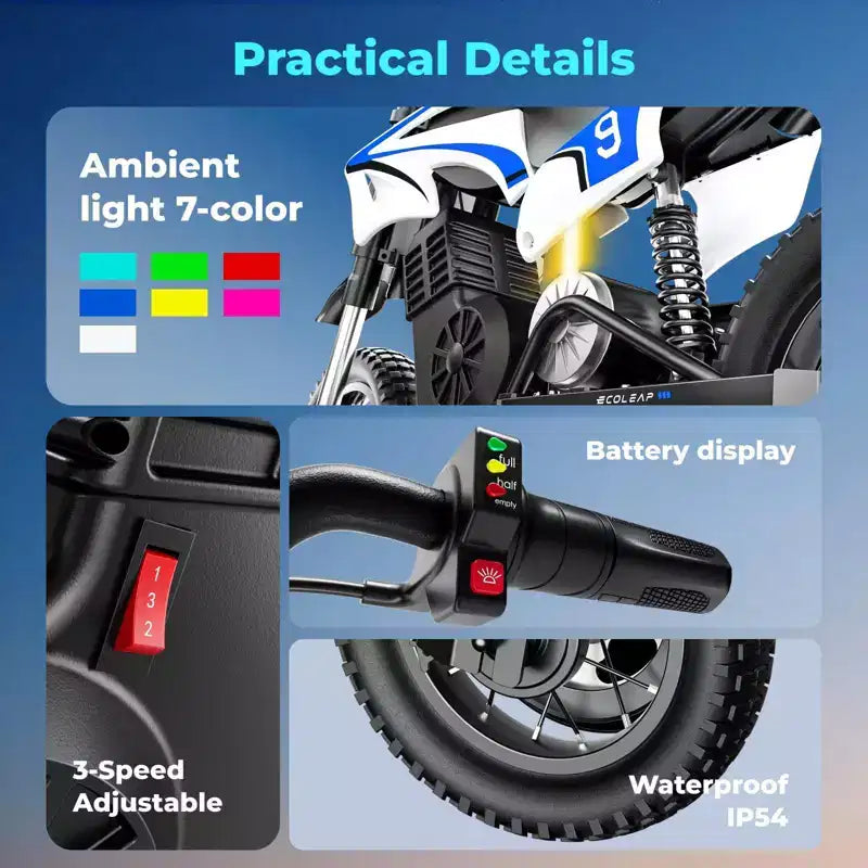 ECOLEAP K1 elektrisches Dirtbike für Kinder, 36 V, schnell mit 16 MPH, Reichweite von 14 Meilen, 700-W-Spitzenmotor, 3 Geschwindigkeitsstufen, 12 Offroad-Reifen, UL, für Kinder von 3–10 Jahren