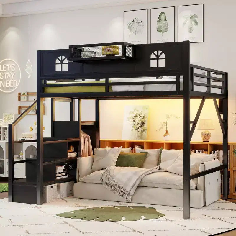 Łóżko na antresoli ModernLuxe Full/Queen ze schodami i wbudowaną szafą, metalowa rama łóżka z oświetleniem LED, stacją ładowania USB i półkami do przechowywania