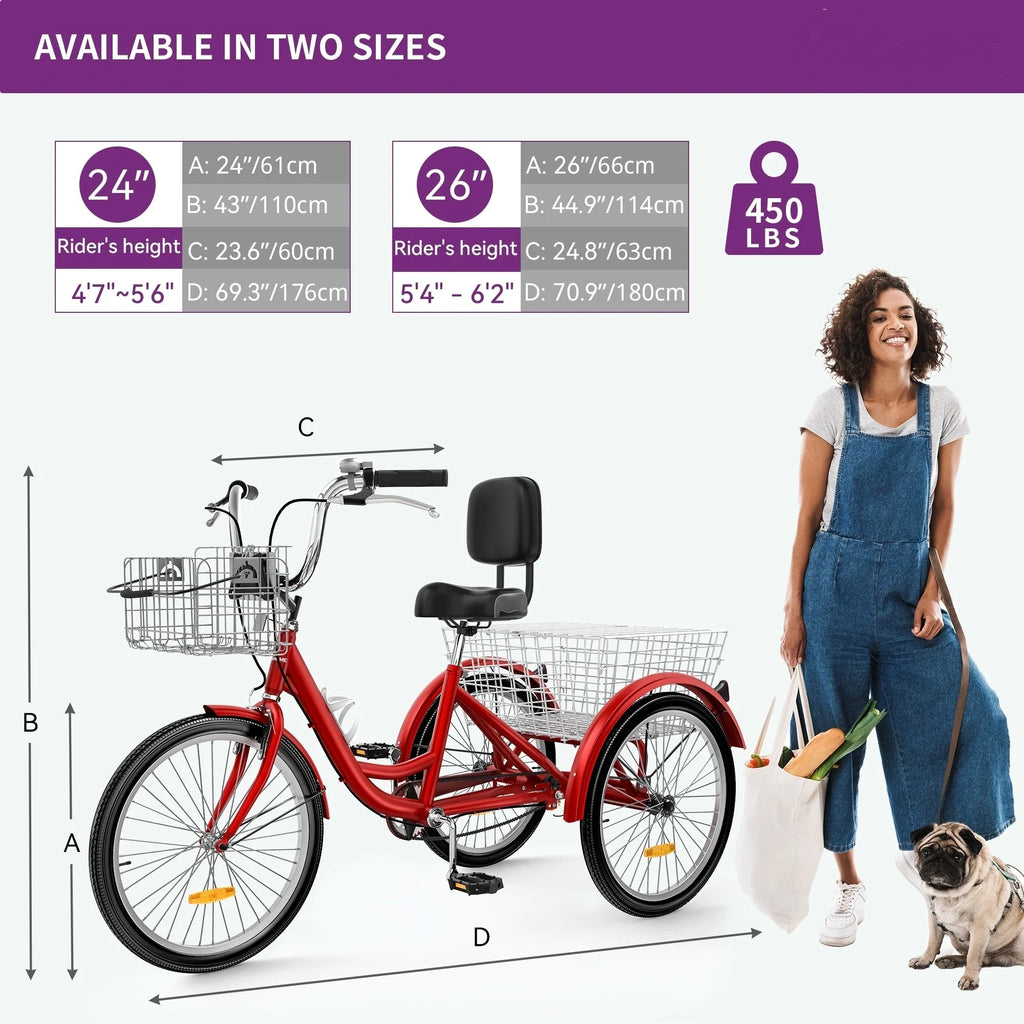 Triciclo blu per adulti da 26", bicicletta a 3 ruote con cestini rimovibili