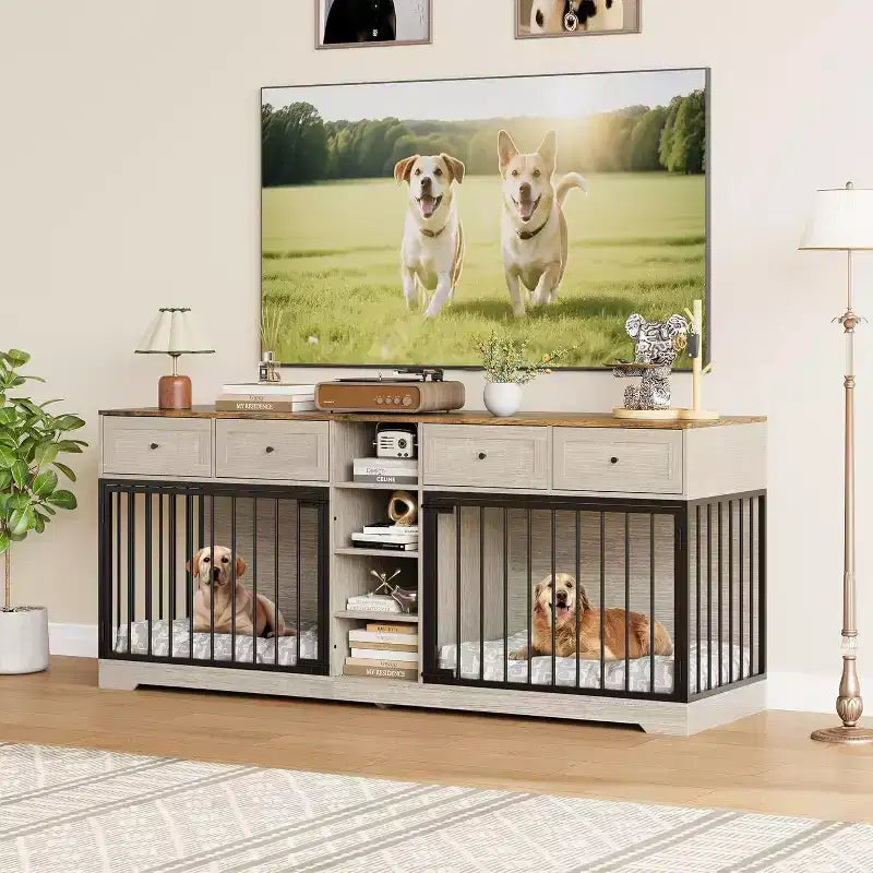 82-delige dubbele hondenbench, grote binnenkennel voor 2 honden, robuuste houten hondenbench en tv-meubel met 4 laden en planken