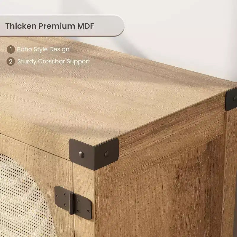 165 cm brede tv-meubel in bohemienstijl met rieten deur - houten entertainmentcentrum met twee kasten en verstelbare planken, geschikt voor woonkamers