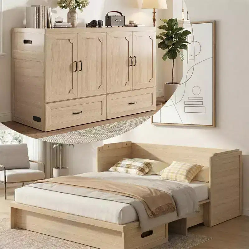 Mjkone umwandelbares Murphy-Schrankbett in Queen-Size mit Matratze, USB-Ladefunktion und Aufbewahrungsschubladen
