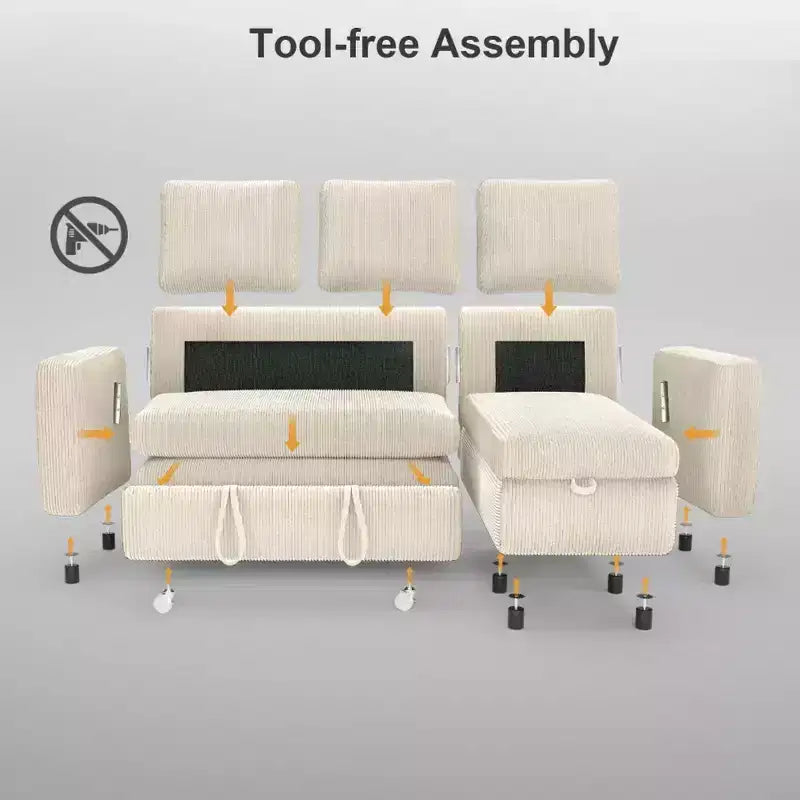 Dyonery Rozkładana sofa 2 w 1 z szezlongiem z pojemnikiem na pościel, sztruksowy narożnik z portami USB do salonu