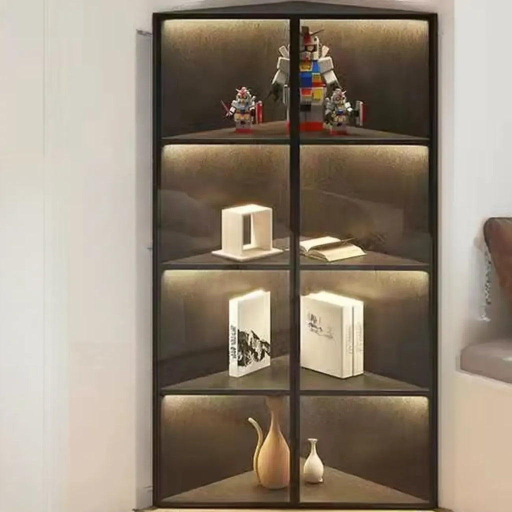 Vitrine de canto moderna em metal e madeira cinzenta com porta de vidro